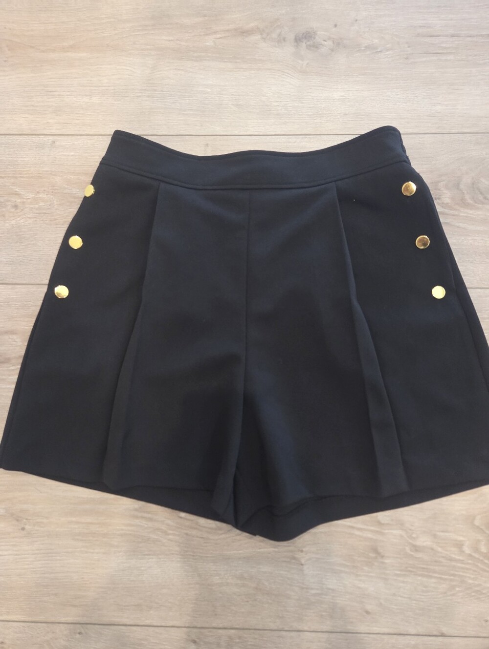 Ellen Tracy Black High-Waist Sailor-Style Shorts with Gold Buttons
